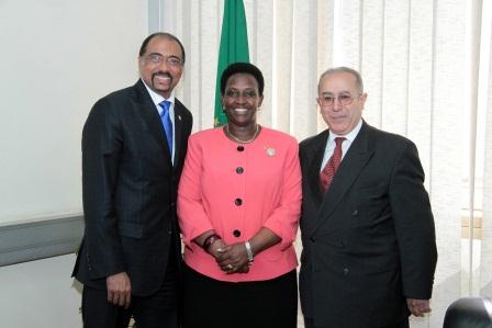 (From L-R) The Executive Director of the Joint United Nations Programme on HIV/AIDS (UNAIDS), UN Under-Secretary General, Michel Sidibe, Ms. Rosemary Museminali, UNAIDS Representative to the AU and UNECA and the Commissioner for Peace and Security of the African Union, Ambassador Ramtane Lamamra, AU Headquarters