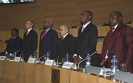  (From Left-Right) Mr. Sivuyile Bam, Head of Peace Support Operations Division, Mr. Vincent Charron, Representative of the Canadian Ambassador to Ethiopia,  Mr. El Ghassim Wane, Director, PSD,  Amb. Ramtane Lamamra, Commissioner for Peace and Security, Jean Baptistenatama, Chief of Staff, Bureau of the Chairperson, Gen. Samaila Iliya, Exercise Director, stand for the AU anthem during the opening ceremony of Exercise NJIWA at the AU Headquarters 