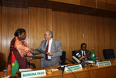  (From L-R) Ms. Minata Samate Cessouma, Ambassador of Burkina Faso and Permanent Representative to the AU, Ambassador Ramtane Lamamra, Commissioner for Peace and Security and  Dr. Mustapha Kaloko Sidiki, AU Commissioner for Social Affairs 