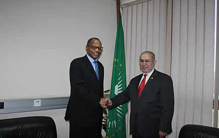 The Commissioner for Peace and Security of the African Union (AU), Ambassador Ramtane Lamamra, meets  with the newly appointed AU/ UN Special Representative for Darfur, Head of the African Union/United Nations Hybrid Mission in Darfur (UNAMID), Dr. Mohamed Ibn Chambas, in his office, at the AU Headquarters, 15 April 2013