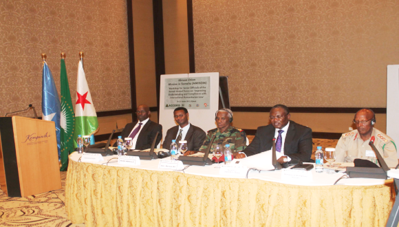FROM LEFT: Amb. Basile Gateretse, Senior Politcal Affairs Officer AMISOM, Mr. Muse Abdulle, Director General of Somalia Ministry of Defense, General Hassan Ali, Representative of the Republic of Djibouti, Amb. Boubacar Gaoussou Diarra, Special Representative of the Chairperson of the African Union Commission (SRCC) for Somalia, and Maj. Gen. Mohamud Mohamed Hassan, Somali Armed Forces.  