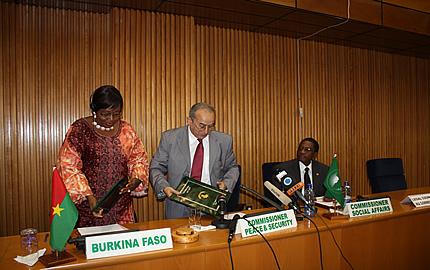  (From L-R) Ms. Minata Samate Cessouma, Ambassador of Burkina Faso and Permanent Representative to the AU, Ambassador Ramtane Lamamra, Commissioner for Peace and Security and  Dr. Mustapha Kaloko Sidiki, AU Commissioner for Social Affairs