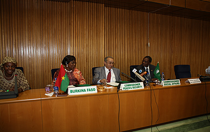 (From L-R) Ms. Aissatou Hayatou , CEWS Senior Analyst and Make Peace Happen Campaign Coordinator, Ms. Minata Samate Cessouma, Ambassador of Burkina Faso and Permanent Representative to the AU, Ambassador Ramtane Lamamra, Commissioner for Peace and Security  and  Dr. Mustapha Kaloko Sidiki, AU Commissioner for Social Affairs