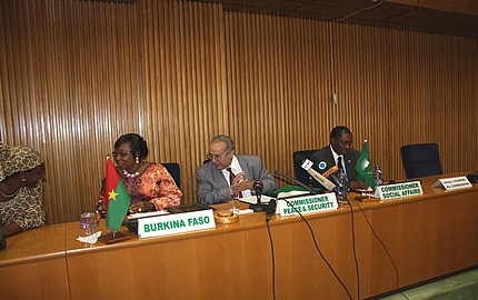 (From L-R) Ms. Aissatou Hayatou , CEWS Senior Analyst and Make Peace Happen Campaign Coordinator, Ms. Minata Samate Cessouma, Ambassador of Burkina Faso and Permanent Representative to the AU, Ambassador Ramtane Lamamra, Commissioner for Peace and Security  and  Dr. Mustapha Kaloko Sidiki, AU Commissioner for Social Affairs