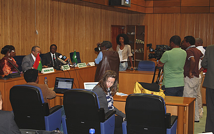 Ambassador Ramtane Lamamra, Commissioner for Peace and Security addresses local and international media representatives during the signing ceremony  