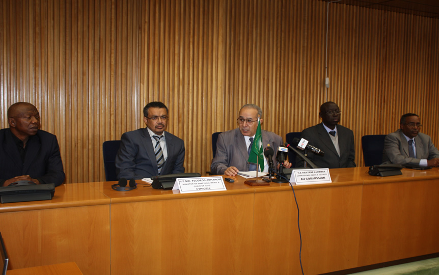 (From L-R) Major-General (Retired) Julius Olakunle Sunday Oshanupin, Minister of Foreign Affairs,  Tedros Adhanom, AU Commissioner for Peace and Security, Ramtane Lamamra, Brigadier-General  Jean Baptiste Tine and Snr. Political Advisor, AUHIP, Abdul Mohammed  